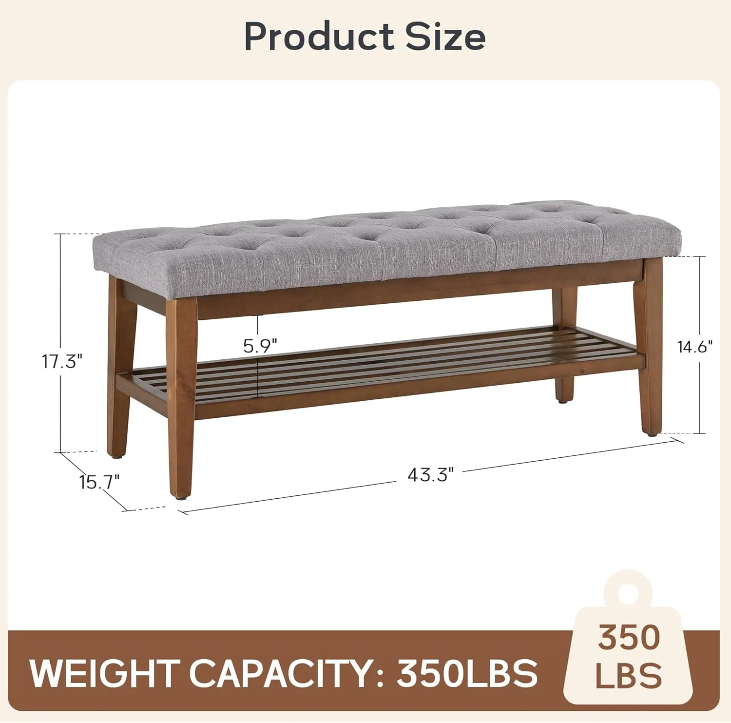 HUIMO Entryway Shoe Bench, End of Bed Bench,Upholstered Button-Tufted Bench for Kitchen, Fabric Ottoman Bench for Living Room, Padded Bench with Solid Wood Shelf,Grey