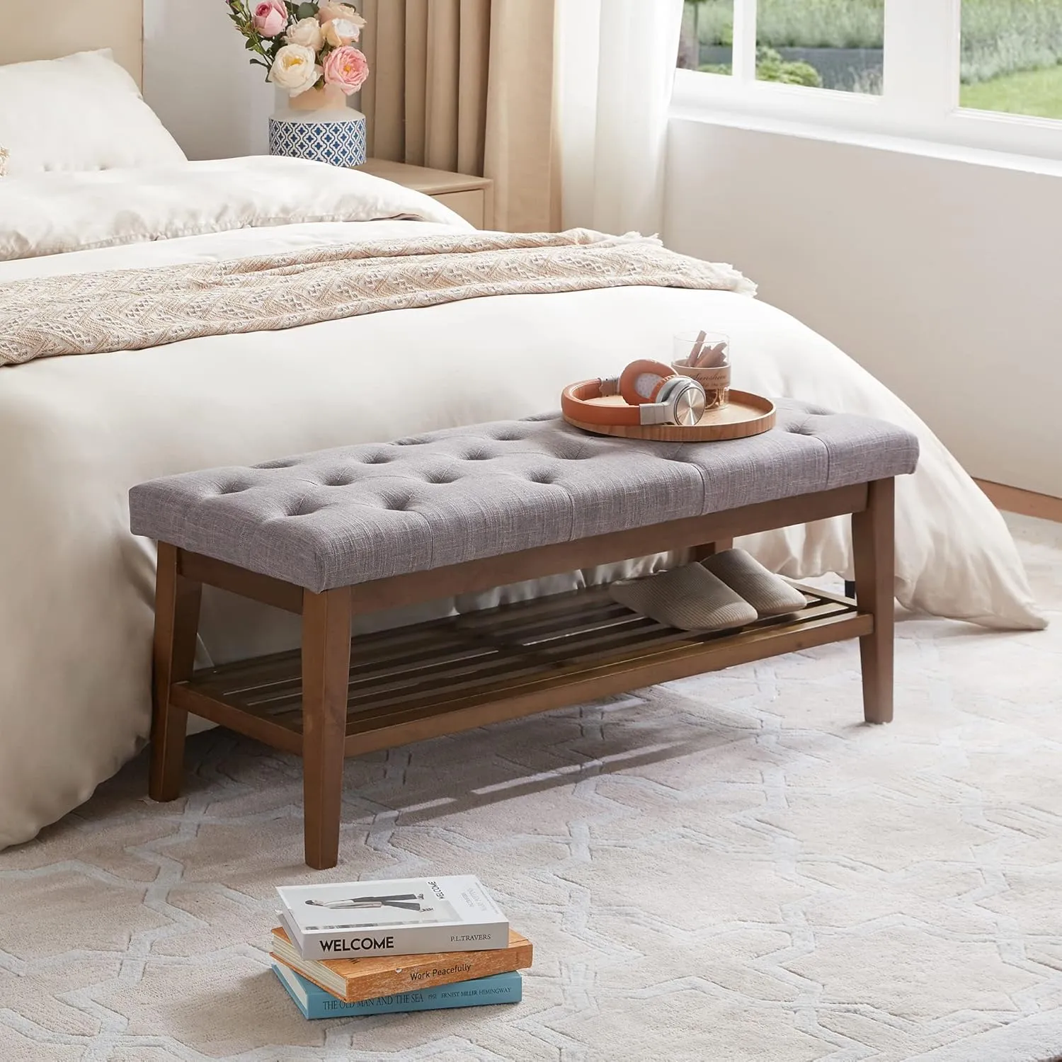 HUIMO Entryway Shoe Bench, End of Bed Bench,Upholstered Button-Tufted Bench for Kitchen, Fabric Ottoman Bench for Living Room, Padded Bench with Solid Wood Shelf,Grey