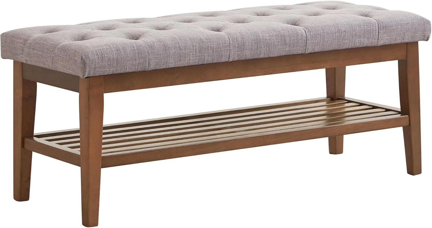 HUIMO Entryway Shoe Bench, End of Bed Bench,Upholstered Button-Tufted Bench for Kitchen, Fabric Ottoman Bench for Living Room, Padded Bench with Solid Wood Shelf,Grey