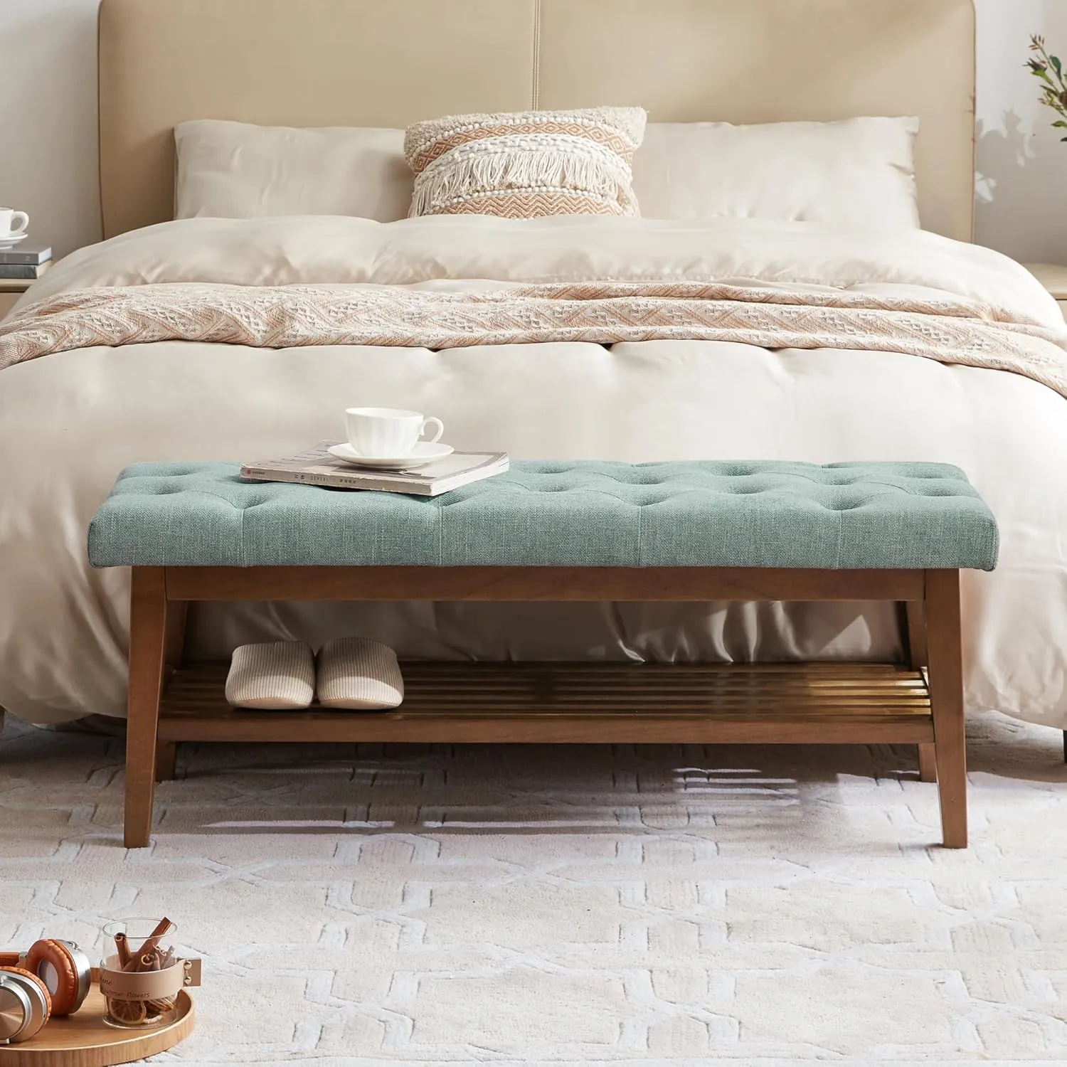 HUIMO Entryway Shoe Bench, End of Bed Bench,Upholstered Button-Tufted Bench for Kitchen, Fabric Ottoman Bench for Living Room, Padded Bench with Solid Wood Shelf,Teal