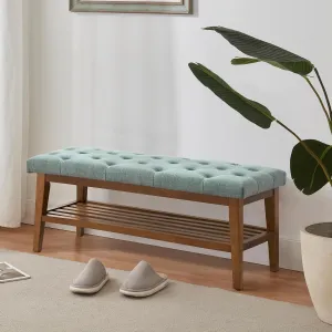 HUIMO Entryway Shoe Bench, End of Bed Bench,Upholstered Button-Tufted Bench for Kitchen, Fabric Ottoman Bench for Living Room, Padded Bench with Solid Wood Shelf,Teal