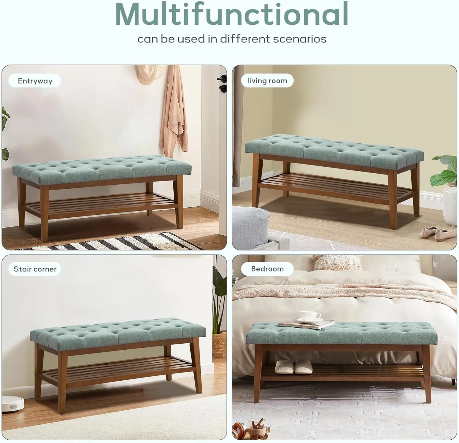 HUIMO Entryway Shoe Bench, End of Bed Bench,Upholstered Button-Tufted Bench for Kitchen, Fabric Ottoman Bench for Living Room, Padded Bench with Solid Wood Shelf,Teal