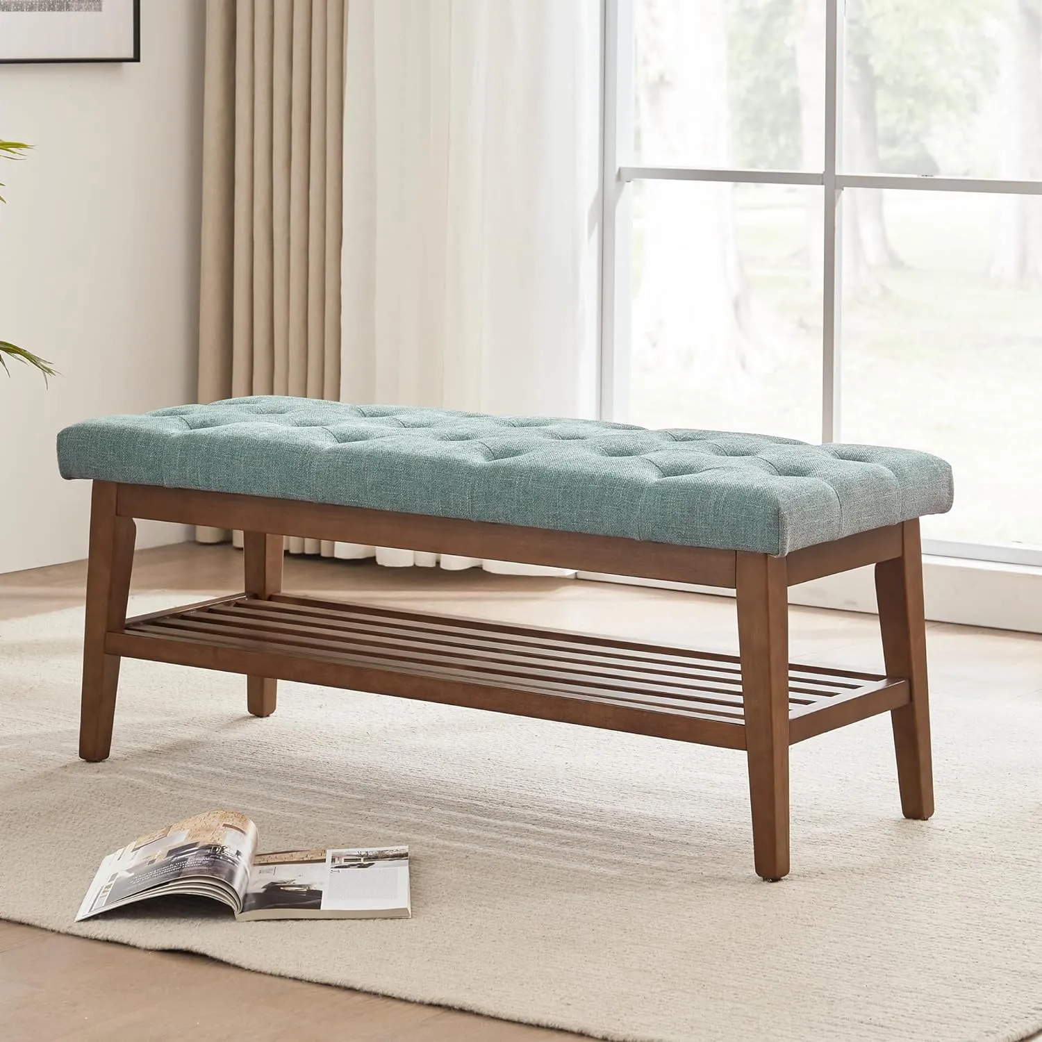 HUIMO Entryway Shoe Bench, End of Bed Bench,Upholstered Button-Tufted Bench for Kitchen, Fabric Ottoman Bench for Living Room, Padded Bench with Solid Wood Shelf,Teal