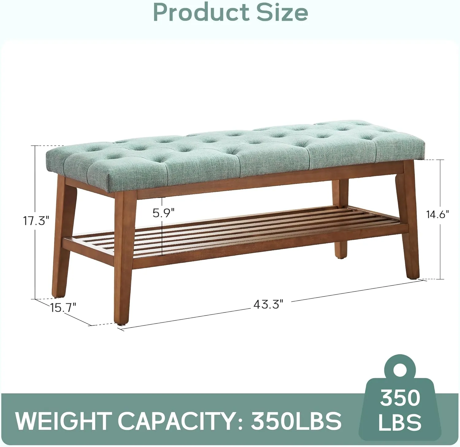 HUIMO Entryway Shoe Bench, End of Bed Bench,Upholstered Button-Tufted Bench for Kitchen, Fabric Ottoman Bench for Living Room, Padded Bench with Solid Wood Shelf,Teal