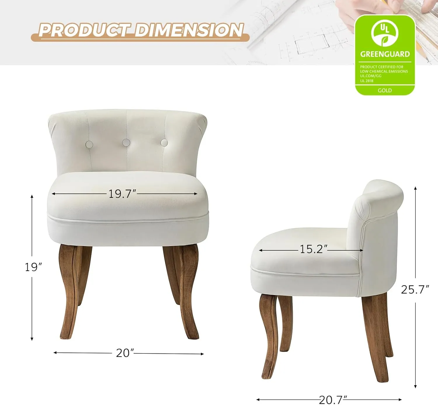 HULALA HOME Velvet Vanity Stool with Low Back, Modern Vanity Chair with Solid Wood Legs, Small Upholstered Makeup Chair Home Decor for Bedroom Living Room Dressing Table, Women Girls, Ivory