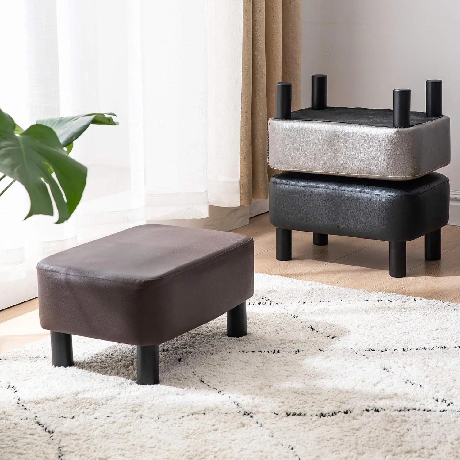 IBUYKE 16.54" Small Footstool, PU Faux Leather Step Stool, with Padded Seat Pine Wood Legs and Padded Rectangular Stool, for Bedroom, Brown RF-BD209