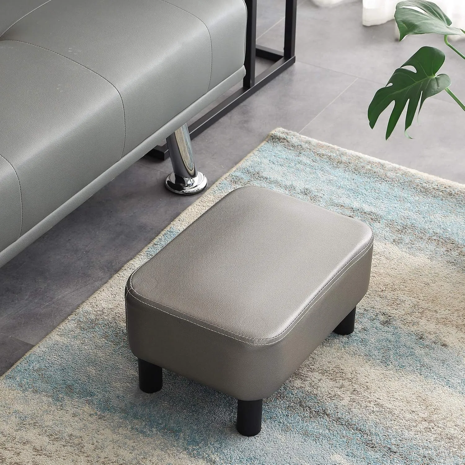 IBUYKE 16.54" Small Footstool, PU Faux Leather Step Stool, with Padded Seat Pine Wood Legs and Padded Rectangular Stool, for Bedroom, Gray RF-BD211