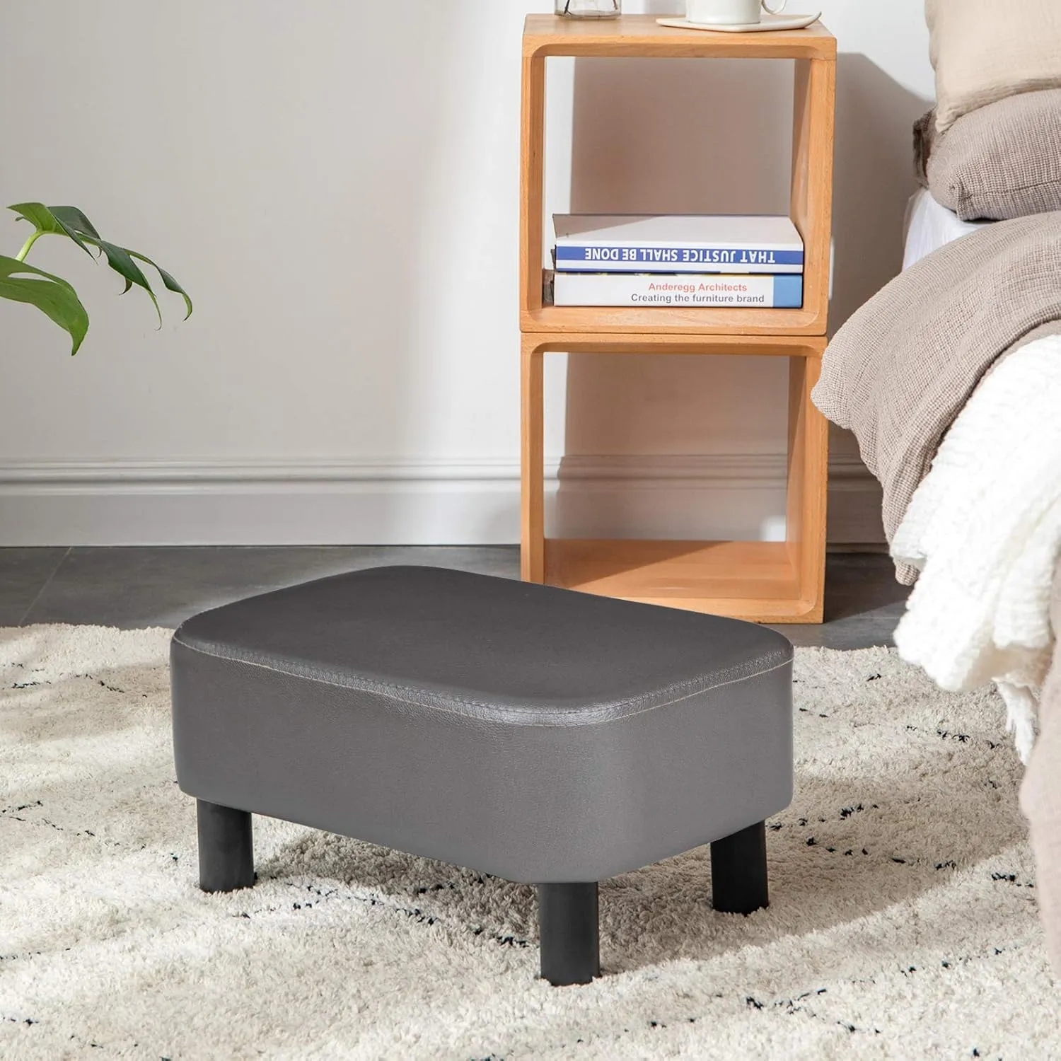 IBUYKE 16.54" Small Footstool, PU Faux Leather Step Stool, with Padded Seat Pine Wood Legs and Padded Rectangular Stool, for Bedroom, Gray RF-BD211