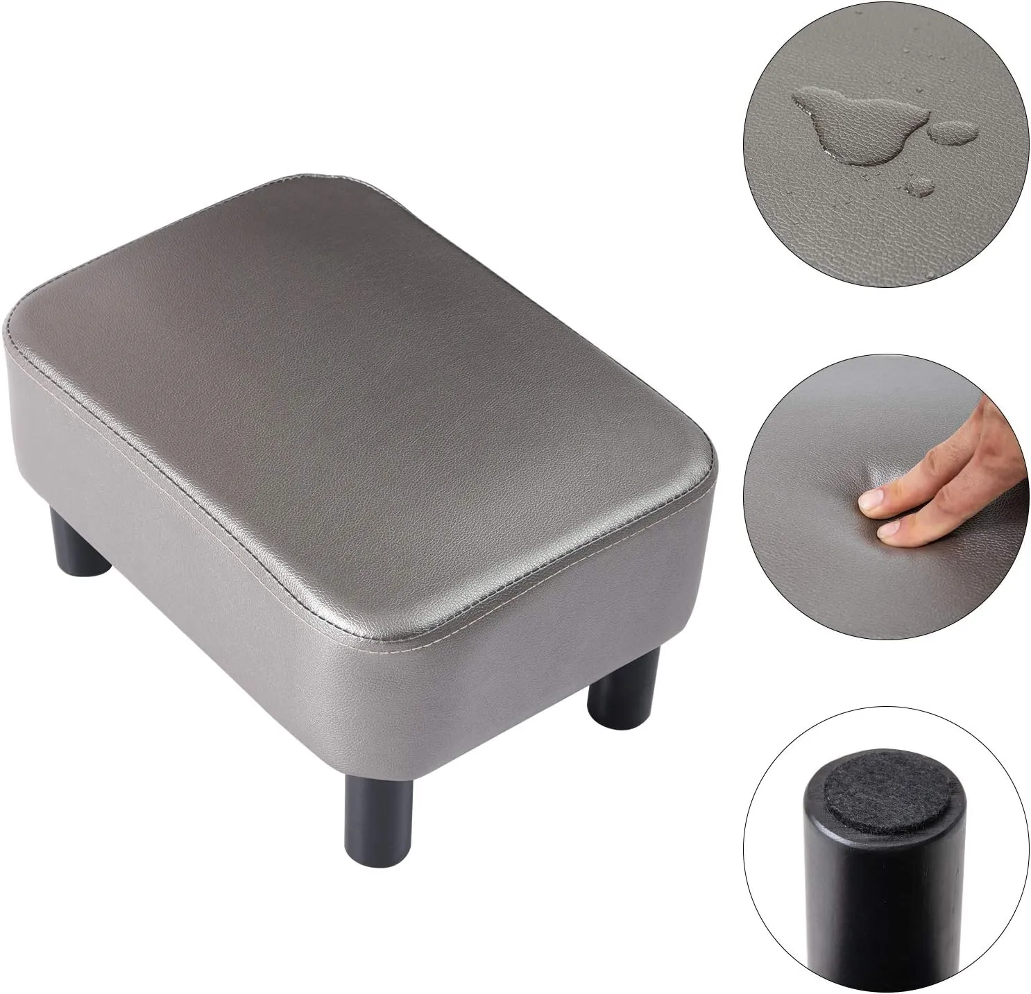 IBUYKE 16.54" Small Footstool, PU Faux Leather Step Stool, with Padded Seat Pine Wood Legs and Padded Rectangular Stool, for Bedroom, Gray RF-BD211