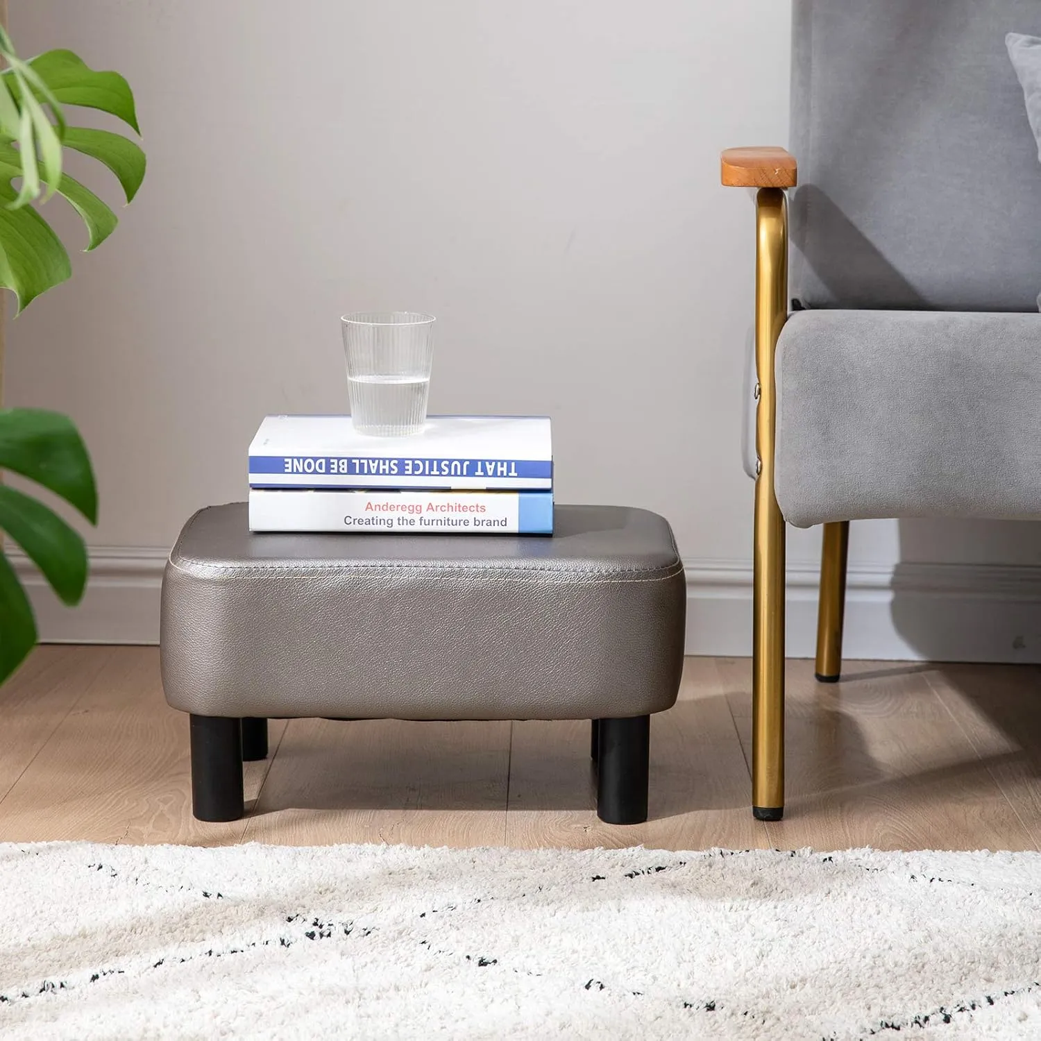 IBUYKE 16.54" Small Footstool, PU Faux Leather Step Stool, with Padded Seat Pine Wood Legs and Padded Rectangular Stool, for Bedroom, Gray RF-BD211