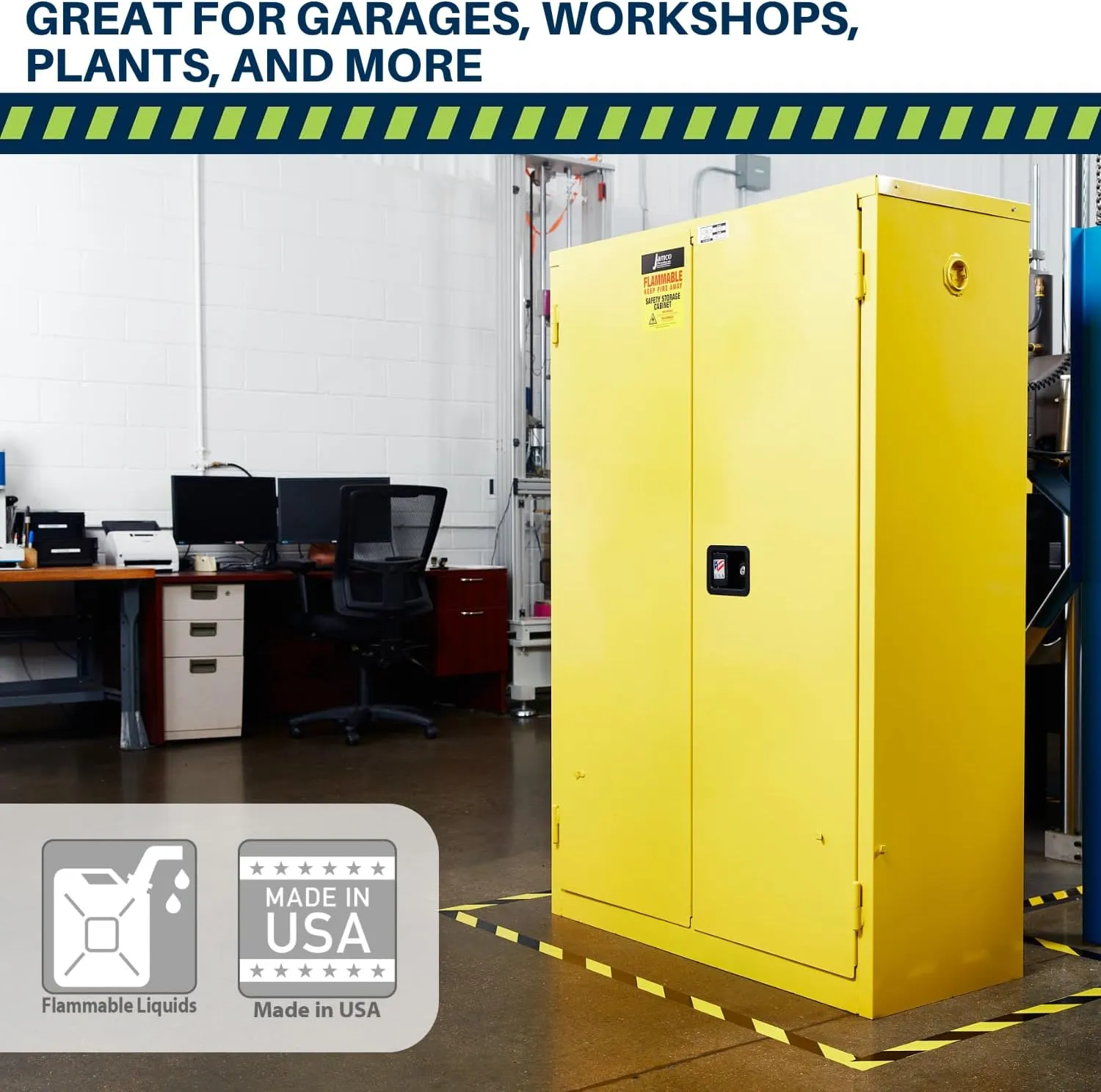 Jamco 60 Gallon Flammable Safety Cabinet, Steel Flammable Storage Cabinet with Lockable Manual Closing Doors, Non Forkliftable, 34" x 34" x 65", Yellow