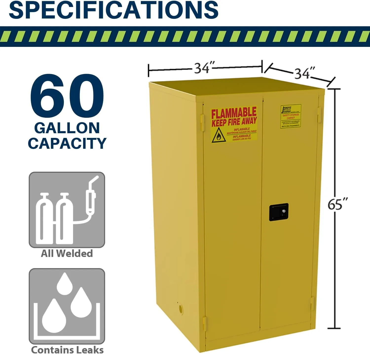 Jamco 60 Gallon Flammable Safety Cabinet, Steel Flammable Storage Cabinet with Lockable Manual Closing Doors, Non Forkliftable, 34" x 34" x 65", Yellow