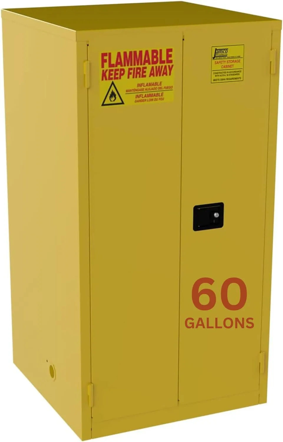 Jamco 60 Gallon Flammable Safety Cabinet, Steel Flammable Storage Cabinet with Lockable Manual Closing Doors, Non Forkliftable, 34" x 34" x 65", Yellow