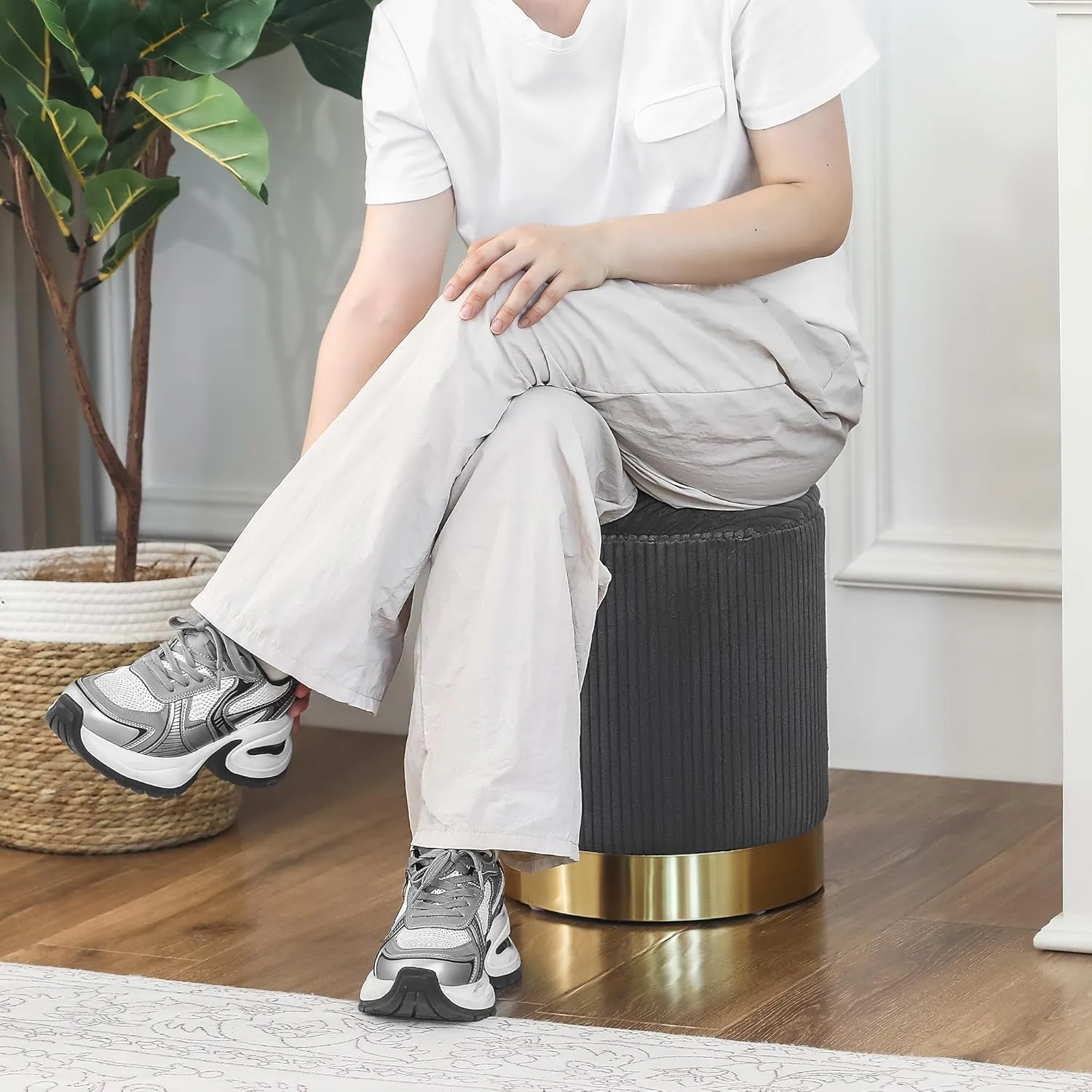 Joveco Round Storage Ottoman with Removable Lid, Boucle Small Upholstered Padded Vanity Foot Rest Stool for Living Room, Bedroom, Dorm, Gray with Metal Ring