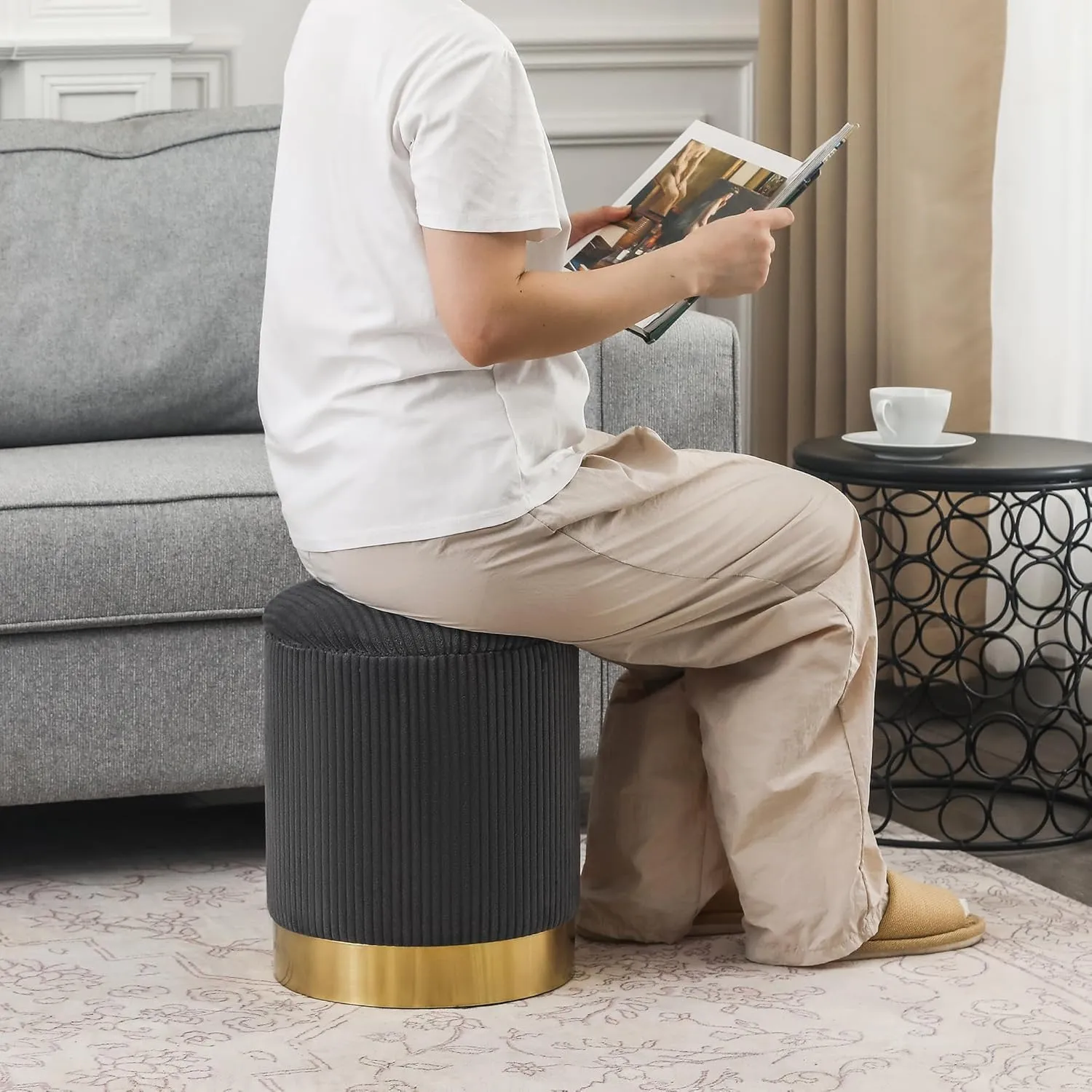 Joveco Round Storage Ottoman with Removable Lid, Boucle Small Upholstered Padded Vanity Foot Rest Stool for Living Room, Bedroom, Dorm, Gray with Metal Ring