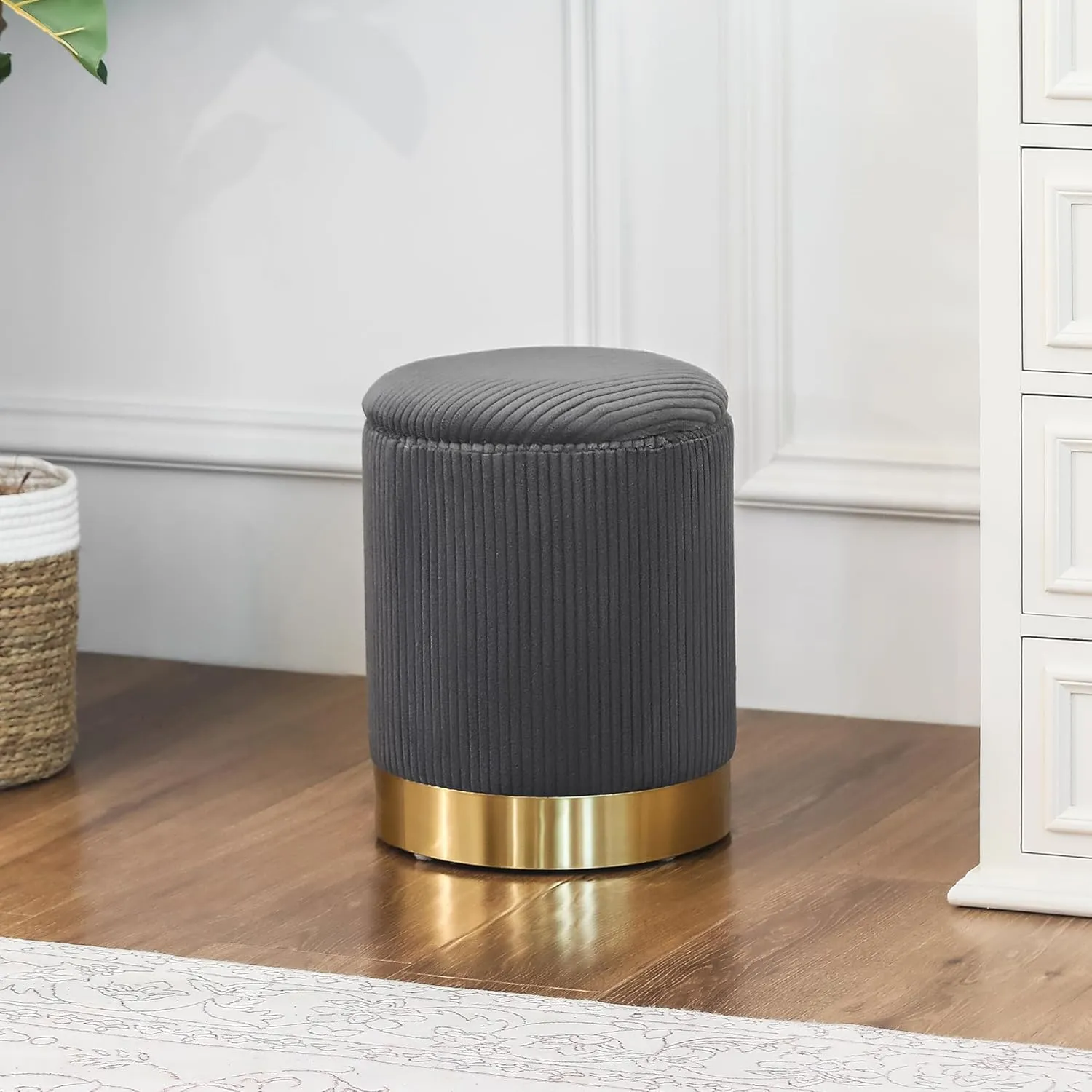 Joveco Round Storage Ottoman with Removable Lid, Boucle Small Upholstered Padded Vanity Foot Rest Stool for Living Room, Bedroom, Dorm, Gray with Metal Ring