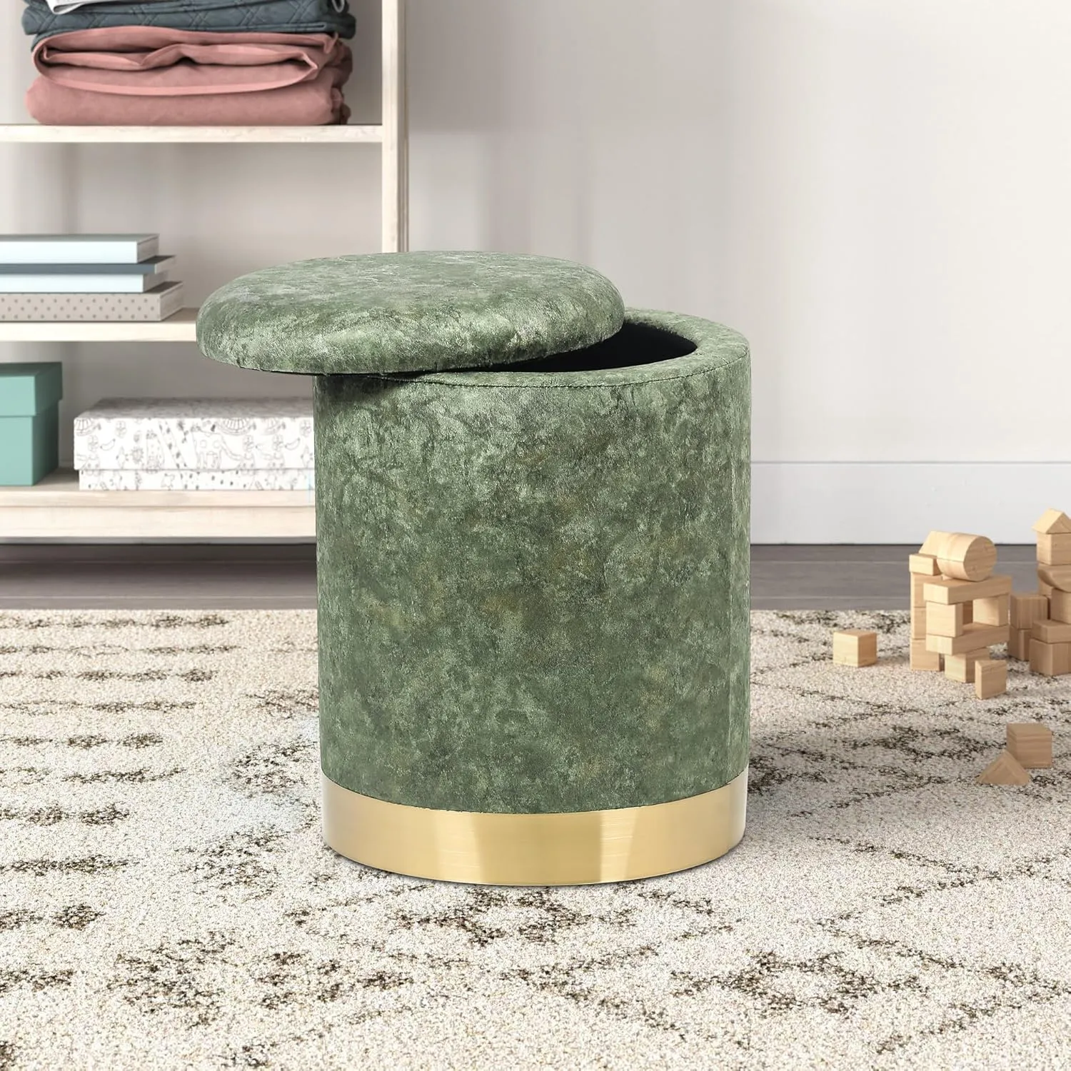 Joveco Round Storage Ottoman with Removable Lid, Upholstered Padded Vanity Stool Footrest with Gold Plating Base, Great for Living Room Bedroom Makeup Room (Green)
