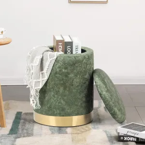 Joveco Round Storage Ottoman with Removable Lid, Upholstered Padded Vanity Stool Footrest with Gold Plating Base, Great for Living Room Bedroom Makeup Room (Green)