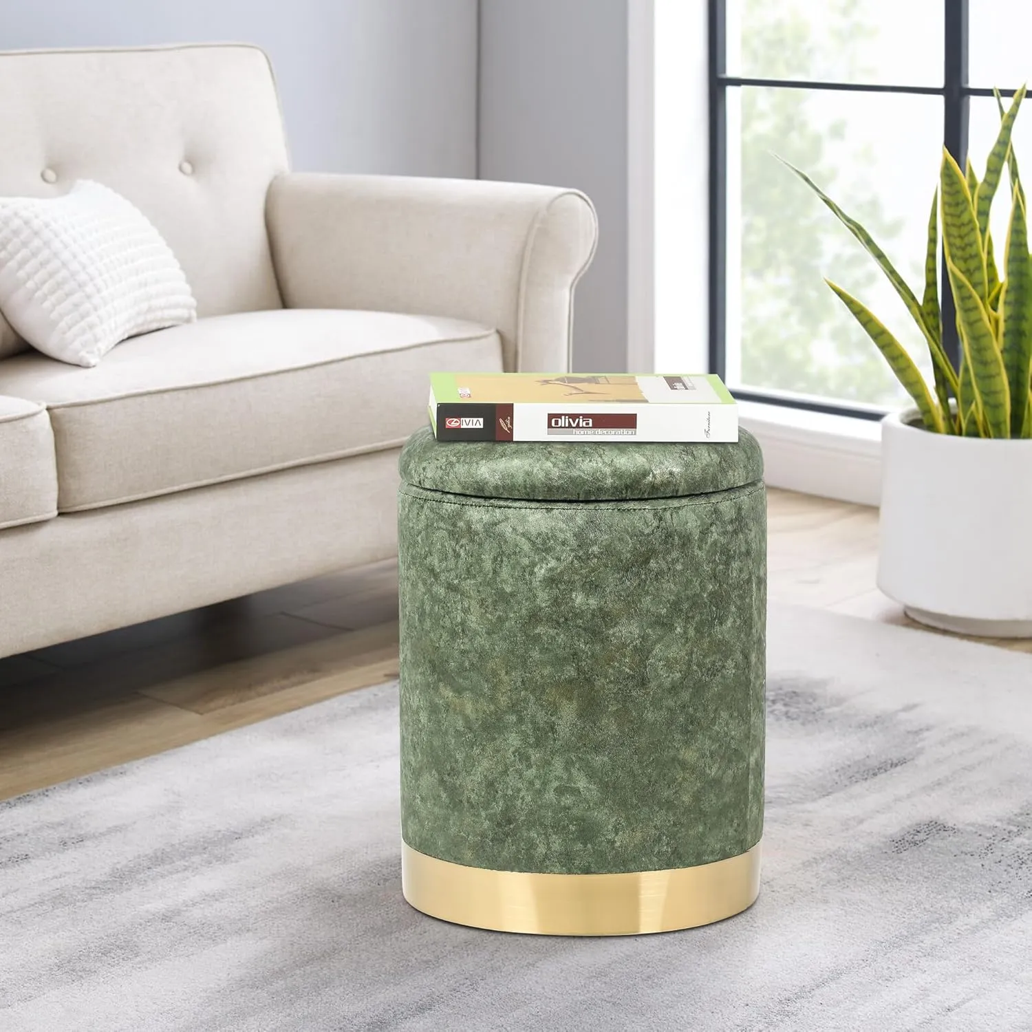 Joveco Round Storage Ottoman with Removable Lid, Upholstered Padded Vanity Stool Footrest with Gold Plating Base, Great for Living Room Bedroom Makeup Room (Green)