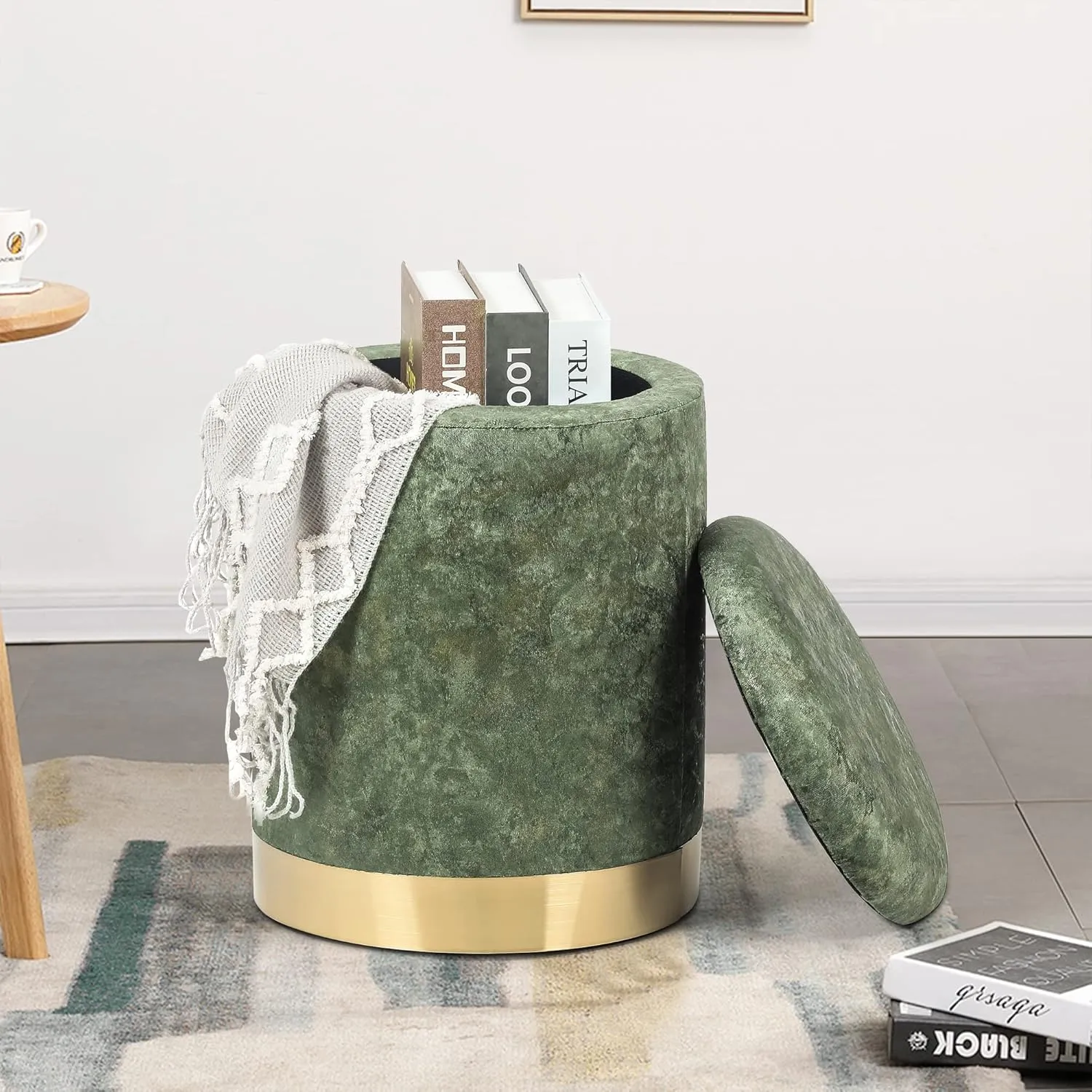 Joveco Round Storage Ottoman with Removable Lid, Upholstered Padded Vanity Stool Footrest with Gold Plating Base, Great for Living Room Bedroom Makeup Room (Green)