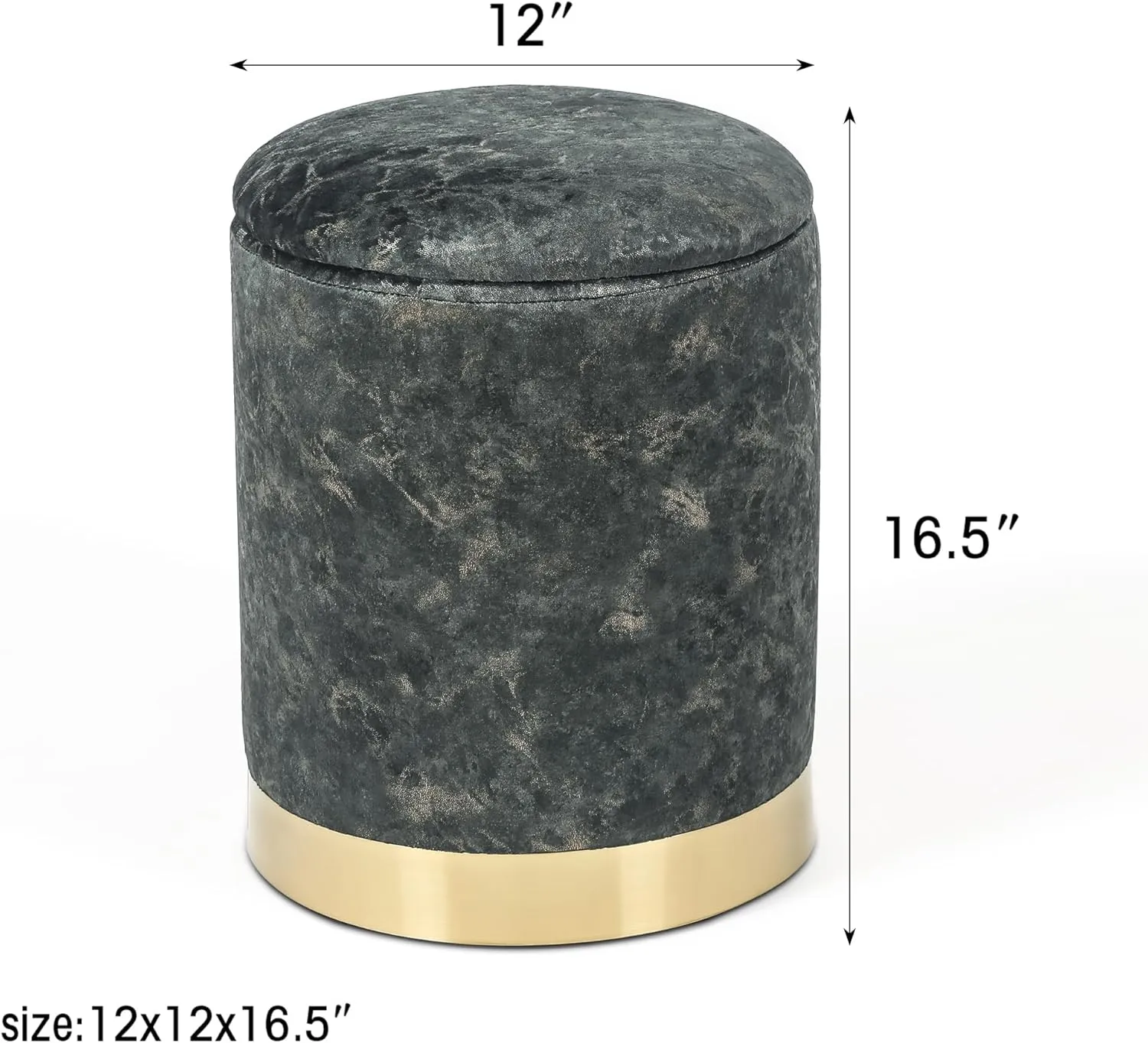 Joveco Round Storage Ottoman with Removable Lid, Upholstered Padded Vanity Stool Footrest with Gold Plating Base, Great for Living Room Bedroom Makeup Room (Grey-Black)