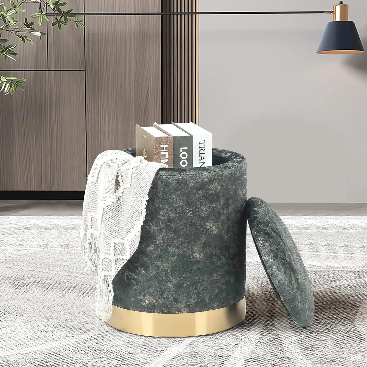Joveco Round Storage Ottoman with Removable Lid, Upholstered Padded Vanity Stool Footrest with Gold Plating Base, Great for Living Room Bedroom Makeup Room (Grey-Black)