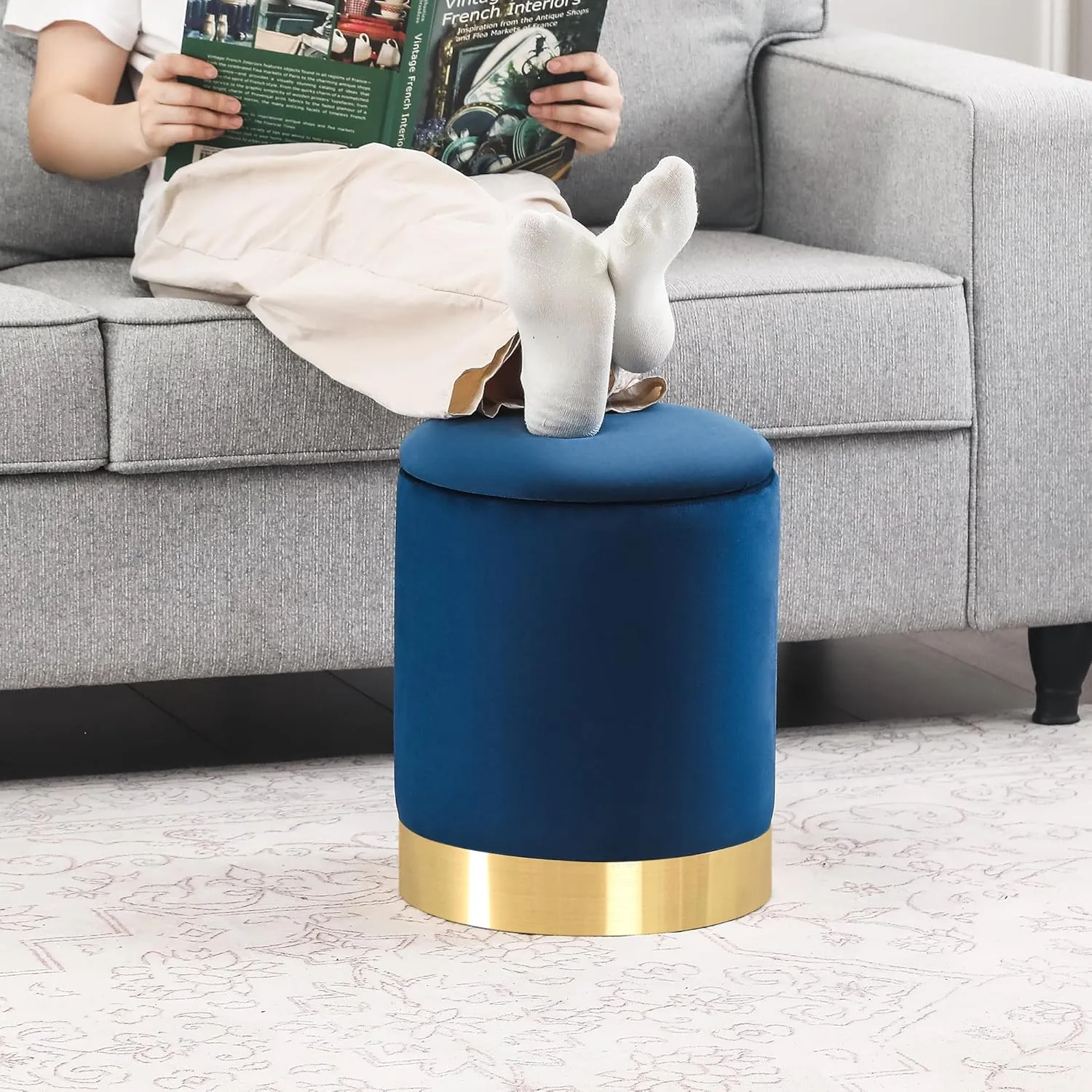 Joveco Round Storage Ottoman with Removable Lid, Velvet Upholstered Padded Vanity Stool Footrest with Gold Plating Base, Footstool for Living Room Bedroom Makeup Room (Blue)