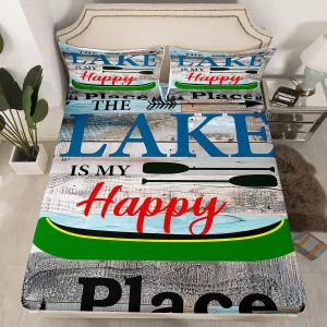 Kids Rustic Lake Cabin Fitted Sheet, Camping Lodge Rules Bedding Set Moose Vintage Wooden Barn Door Bed Set Twin Size for Kids Teens Adult,Farmhouse Country Bed Sheets Lakeside Camp Rv Decor