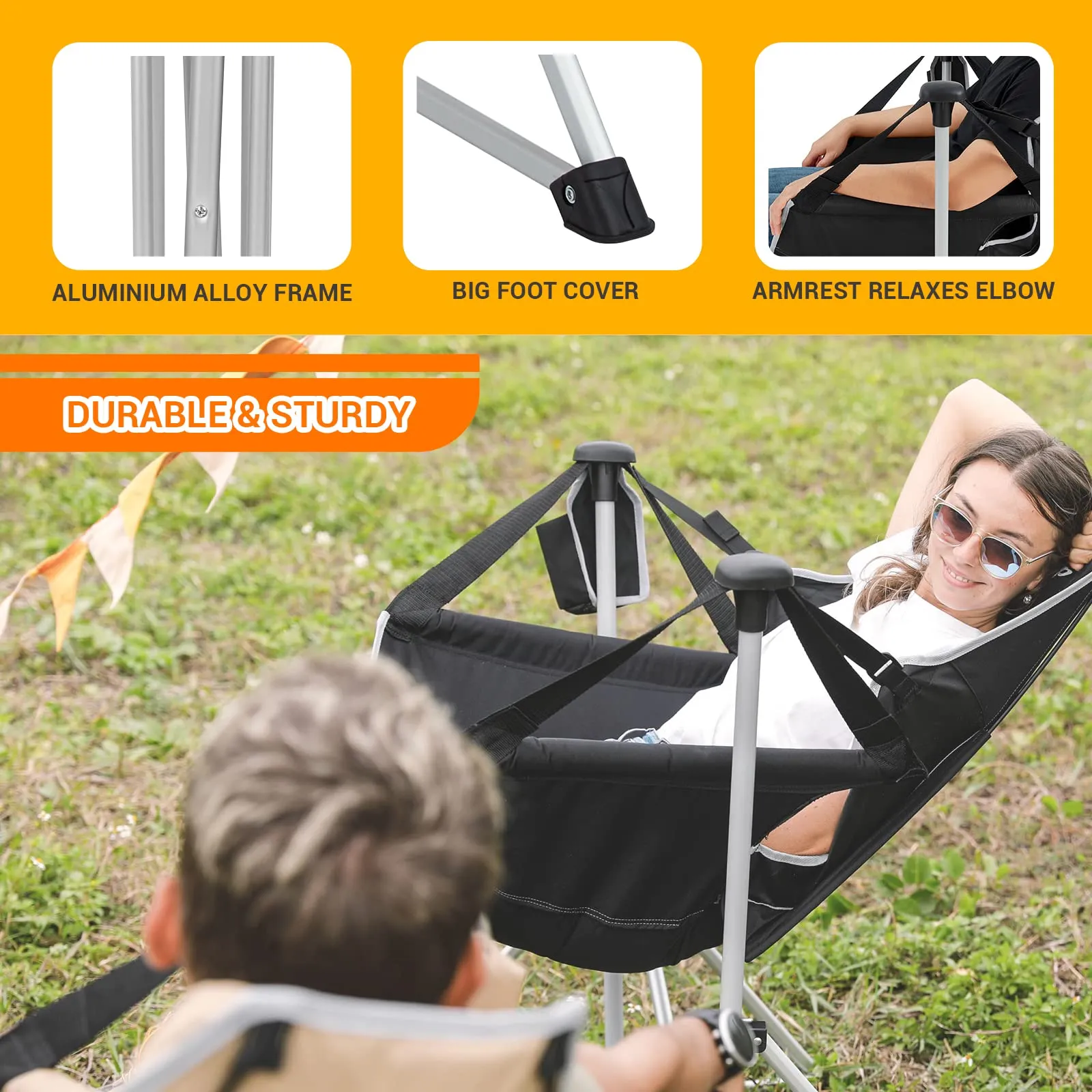 KingCamp Portable Swing Recliner Chair   Padded Camping Footrest Bundle