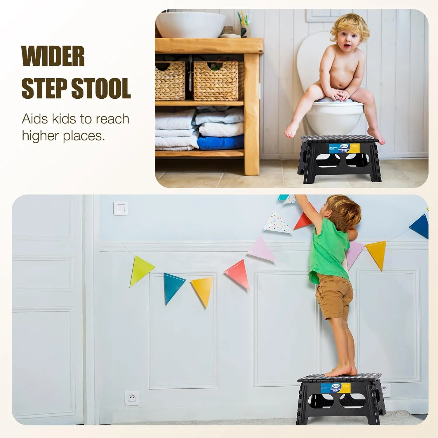 Korpai 9" Folding Step Stool for Adults and Kids 15-Inch Extra Wide Stool Holds Up to 300 lbs,Non-Slip Folding Stools with Handle,Compact Plastic Foldable Step Stool for Bathroom,Kitchen,ect