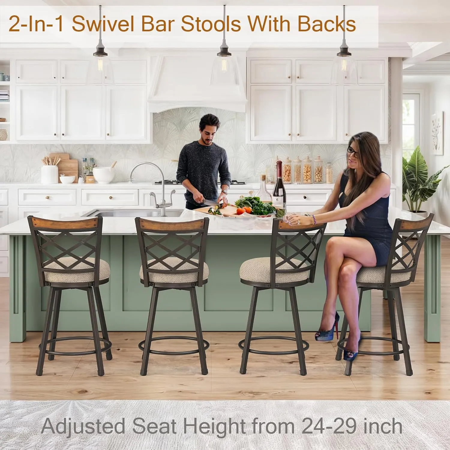 KORZEY Swivel Bar Stools Set of 2, 24" Adjustable Counter Height Bar Stool with Back, 29" Beige Fabric Cushion Barstools for Kitchen Island, Pub, Bistro, Metal Frame, 528FBLB