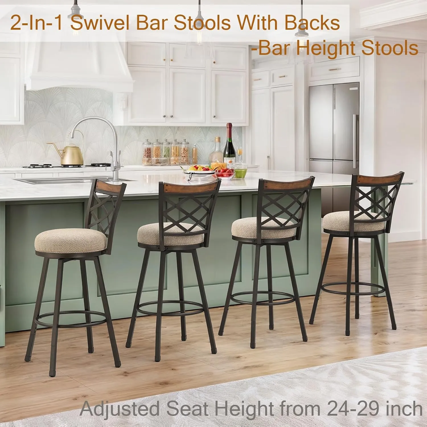 KORZEY Swivel Bar Stools Set of 2, 24" Adjustable Counter Height Bar Stool with Back, 29" Beige Fabric Cushion Barstools for Kitchen Island, Pub, Bistro, Metal Frame, 528FBLB