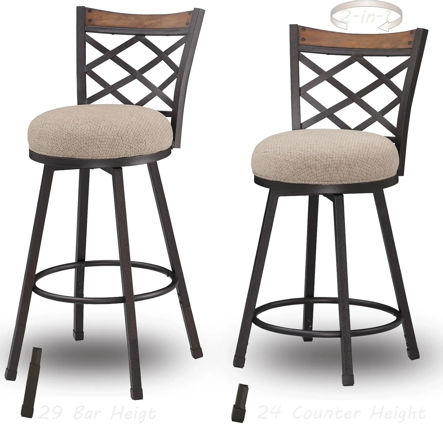 KORZEY Swivel Bar Stools Set of 2, 24" Adjustable Counter Height Bar Stool with Back, 29" Beige Fabric Cushion Barstools for Kitchen Island, Pub, Bistro, Metal Frame, 528FBLB