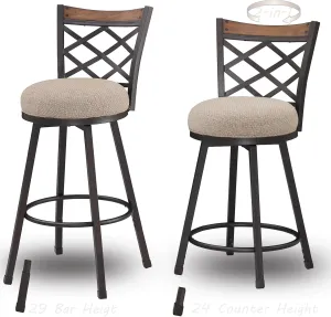 KORZEY Swivel Bar Stools Set of 2, 24" Adjustable Counter Height Bar Stool with Back, 29" Beige Fabric Cushion Barstools for Kitchen Island, Pub, Bistro, Metal Frame, 528FBLB
