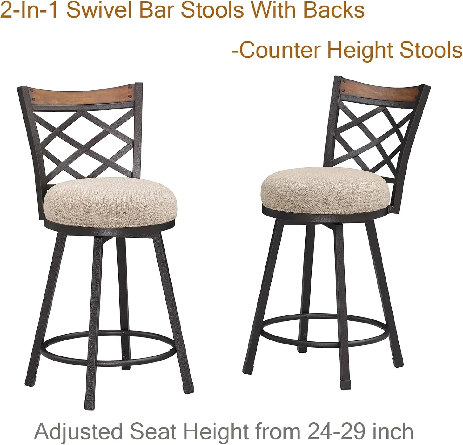 KORZEY Swivel Bar Stools Set of 2, 24" Adjustable Counter Height Bar Stool with Back, 29" Beige Fabric Cushion Barstools for Kitchen Island, Pub, Bistro, Metal Frame, 528FBLB