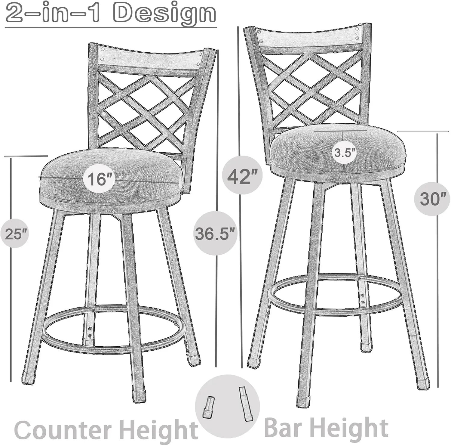 KORZEY Swivel Bar Stools Set of 2, 24" Adjustable Counter Height Bar Stool with Back, 29" Beige Fabric Cushion Barstools for Kitchen Island, Pub, Bistro, Metal Frame, 528FBLB