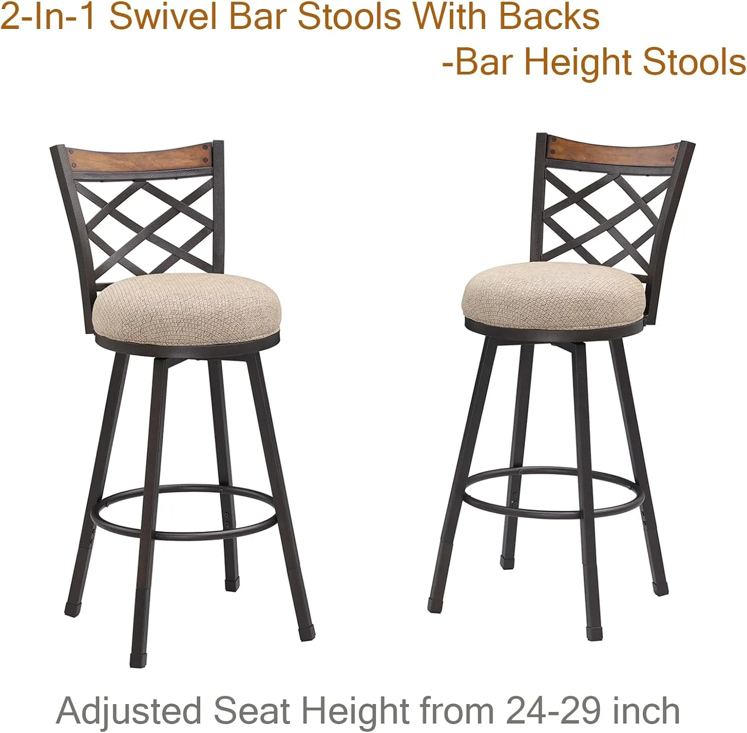KORZEY Swivel Bar Stools Set of 2, 24" Adjustable Counter Height Bar Stool with Back, 29" Beige Fabric Cushion Barstools for Kitchen Island, Pub, Bistro, Metal Frame, 528FBLB