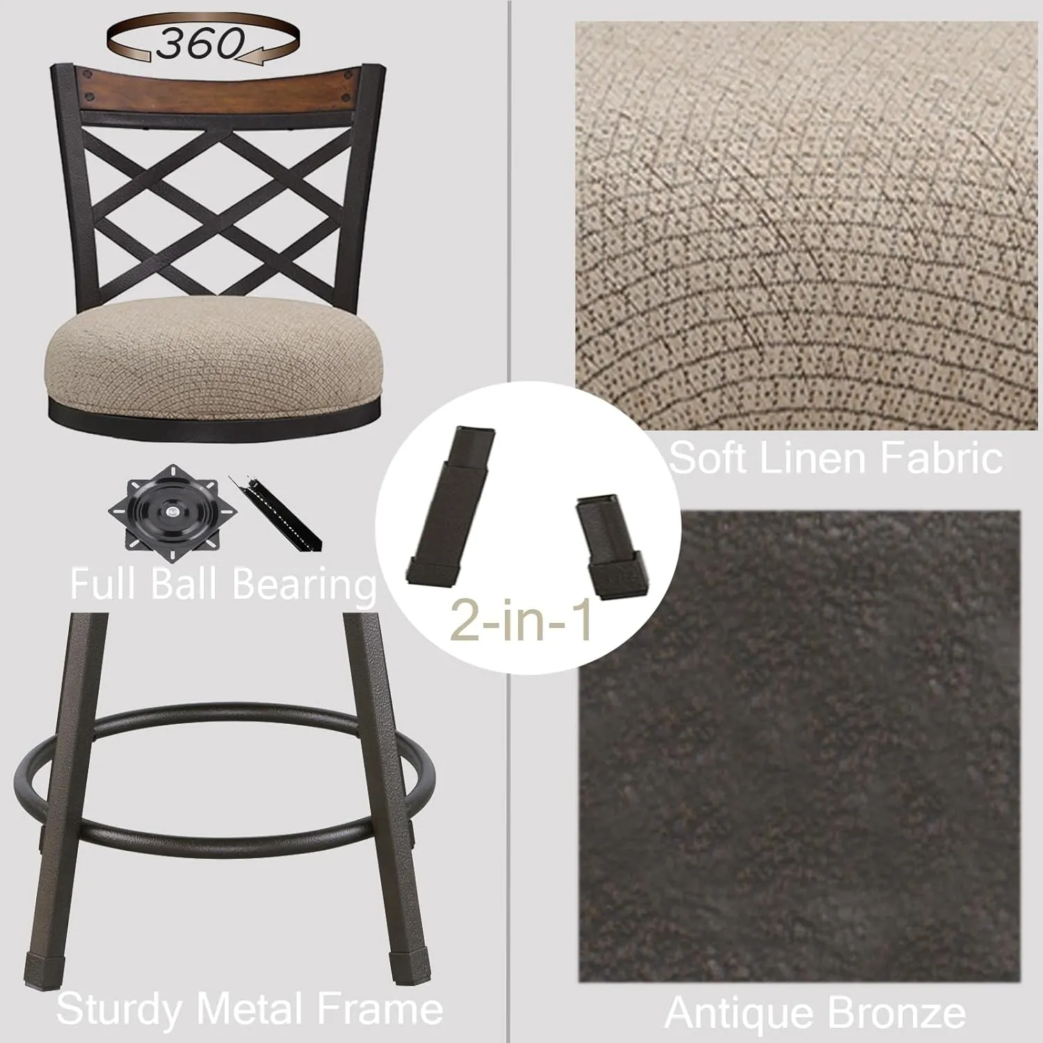KORZEY Swivel Bar Stools Set of 2, 24" Adjustable Counter Height Bar Stool with Back, 29" Beige Fabric Cushion Barstools for Kitchen Island, Pub, Bistro, Metal Frame, 528FBLB