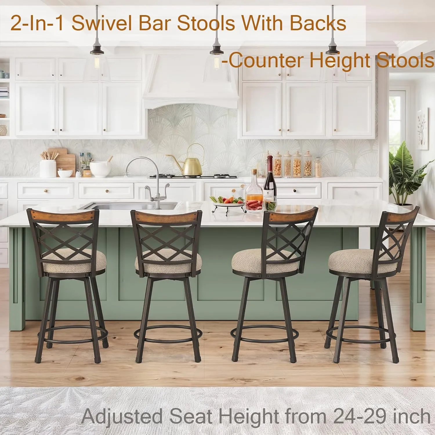 KORZEY Swivel Bar Stools Set of 2, 24" Adjustable Counter Height Bar Stool with Back, 29" Beige Fabric Cushion Barstools for Kitchen Island, Pub, Bistro, Metal Frame, 528FBLB