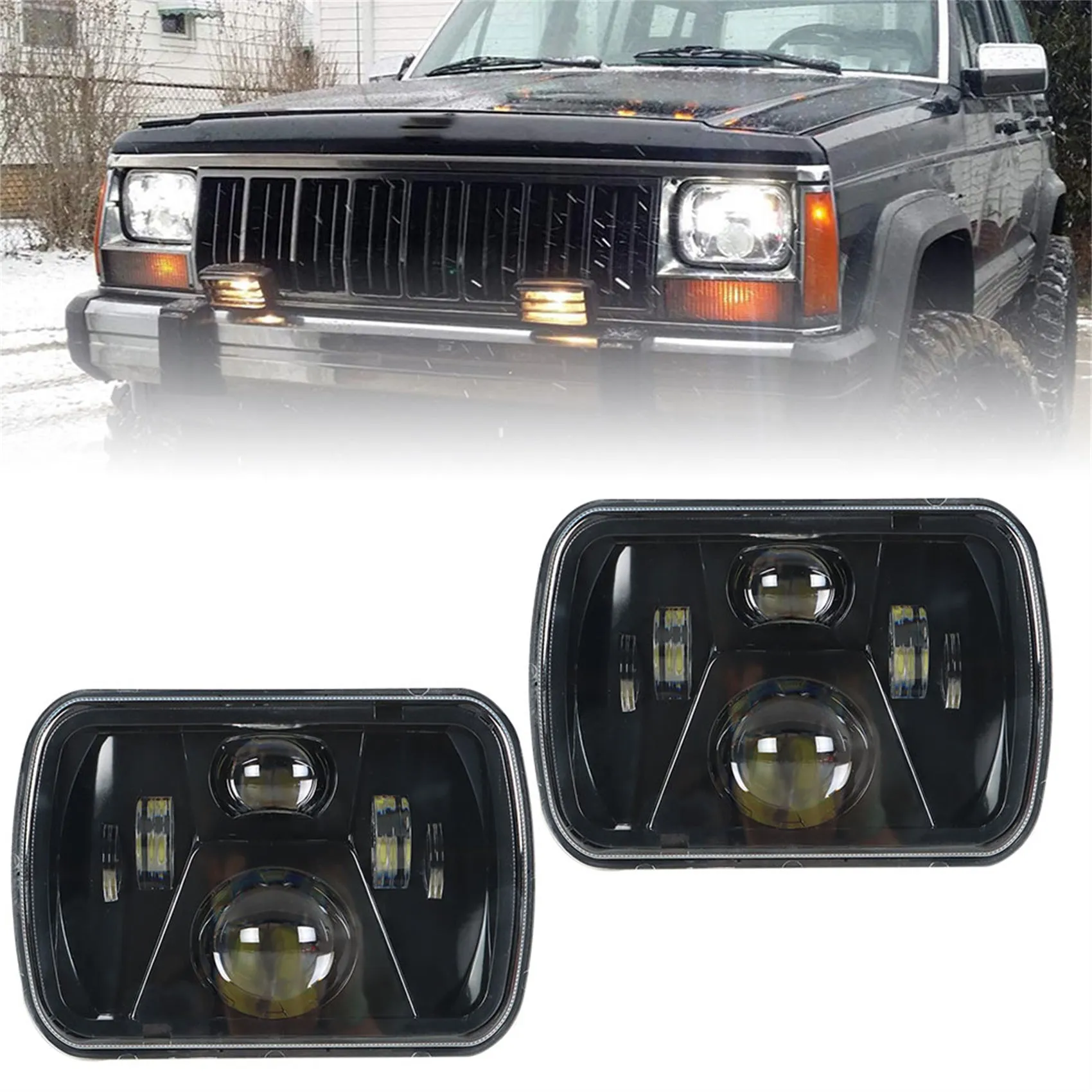labwork 5x7 7x6 LED Headlight Hi-Lo Beam Halo DRL Left and Right For Jeep Cherokee XJ YJ