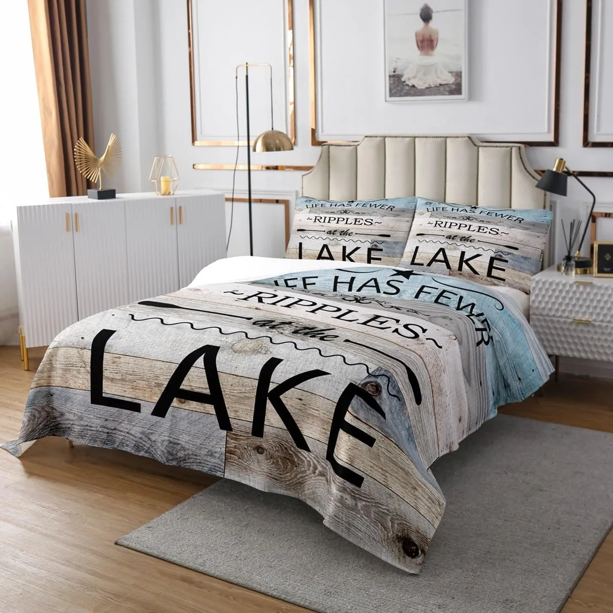 Lake Life Quilt Bedding Set Queen Size,Inspirational Quotes Print Bedspread Coverlet for Girls Teens,Lakeside Cabin Fishing Camping Soft Polyester Quilt Set, All Season