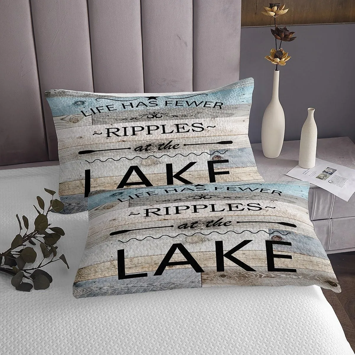 Lake Life Quilt Bedding Set Queen Size,Inspirational Quotes Print Bedspread Coverlet for Girls Teens,Lakeside Cabin Fishing Camping Soft Polyester Quilt Set, All Season