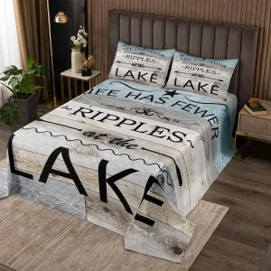 Lake Life Quilt Bedding Set Queen Size,Inspirational Quotes Print Bedspread Coverlet for Girls Teens,Lakeside Cabin Fishing Camping Soft Polyester Quilt Set, All Season