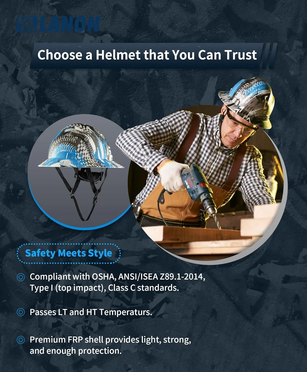 LANON Full Brim Hard Hat, OSHA Construction Work Approved, Premium Blue Pattern Design, FRP Safety Helmet with 4 Point Adjustable Ratchet Suspension, Class C
