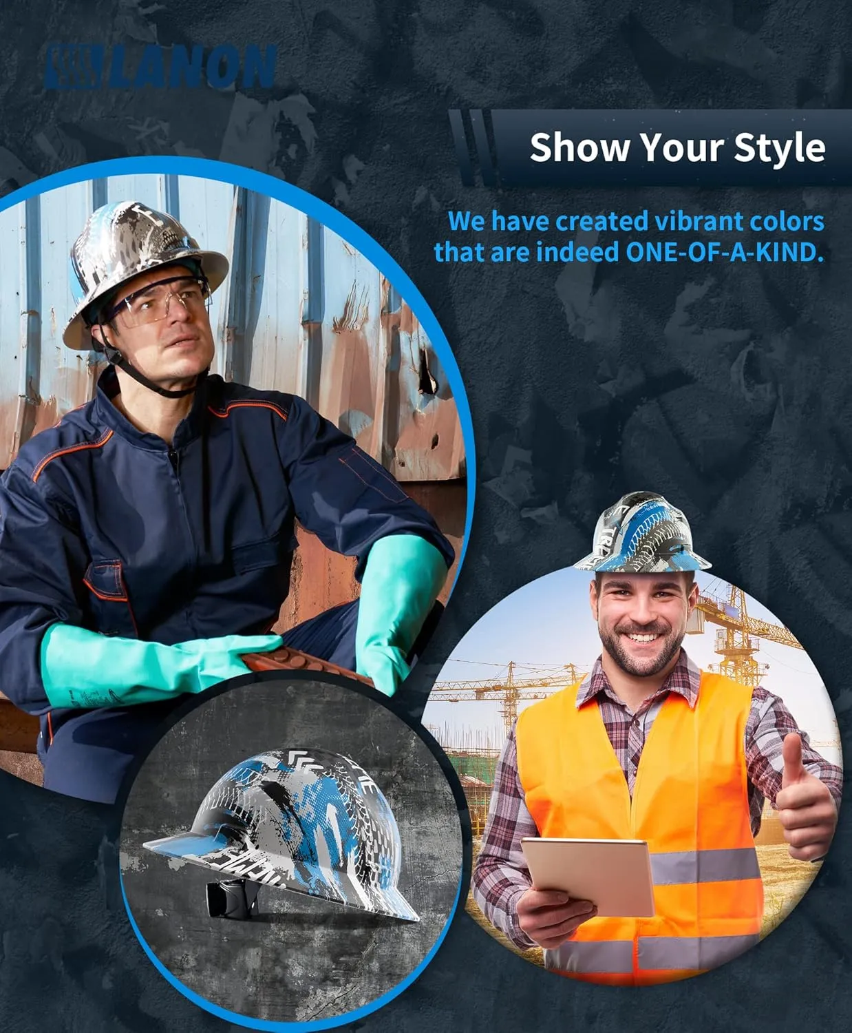 LANON Full Brim Hard Hat, OSHA Construction Work Approved, Premium Blue Pattern Design, FRP Safety Helmet with 4 Point Adjustable Ratchet Suspension, Class C