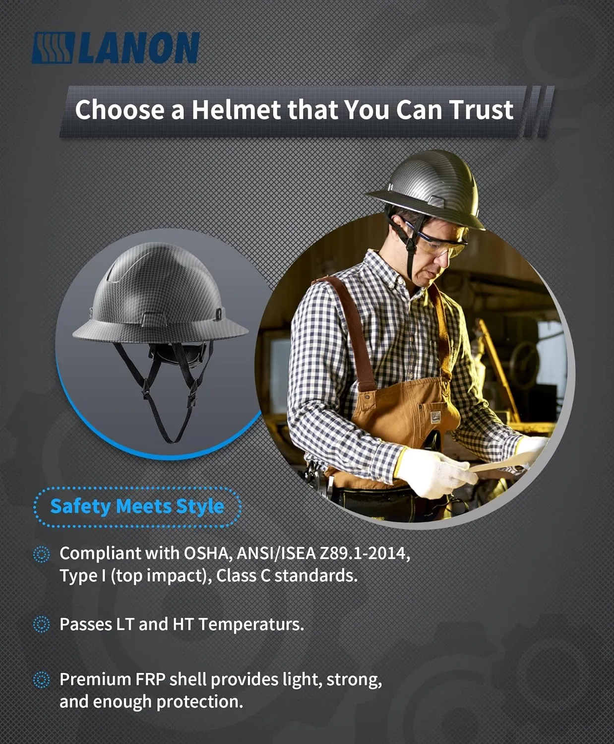 LANON Full Brim Hard Hat, OSHA Construction Work Approved, Premium Charcoal Gray Design, FRP Safety Helmet with 4 Point Adjustable Ratchet Suspension, Class C