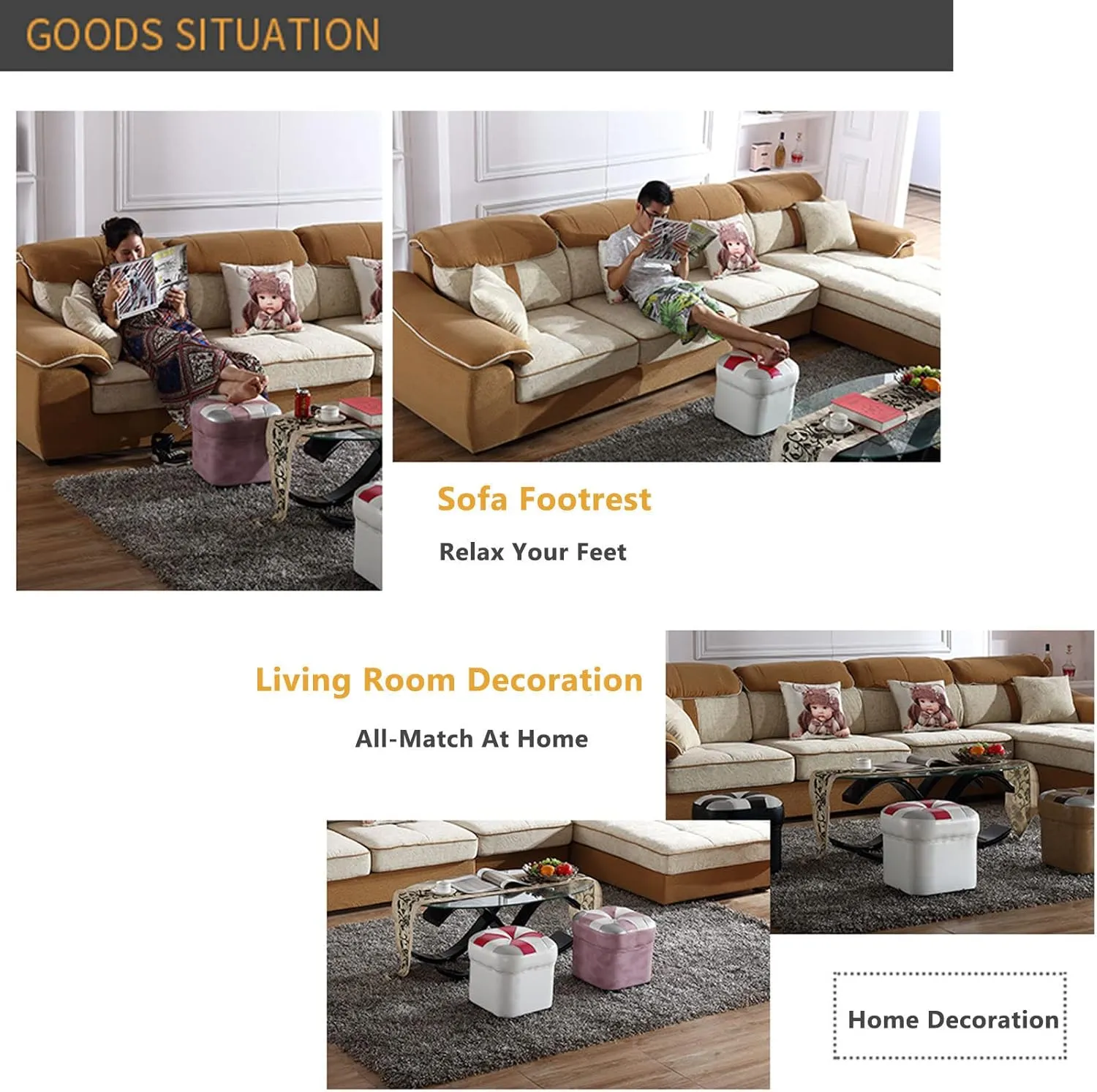 Leather Square Ottoman Petaloid Foot Rest for Living Room Bedroom,Sofa Low Stool Padded Seat,Cowhide Footstool Home Decor-D-14.2 * 15Inch