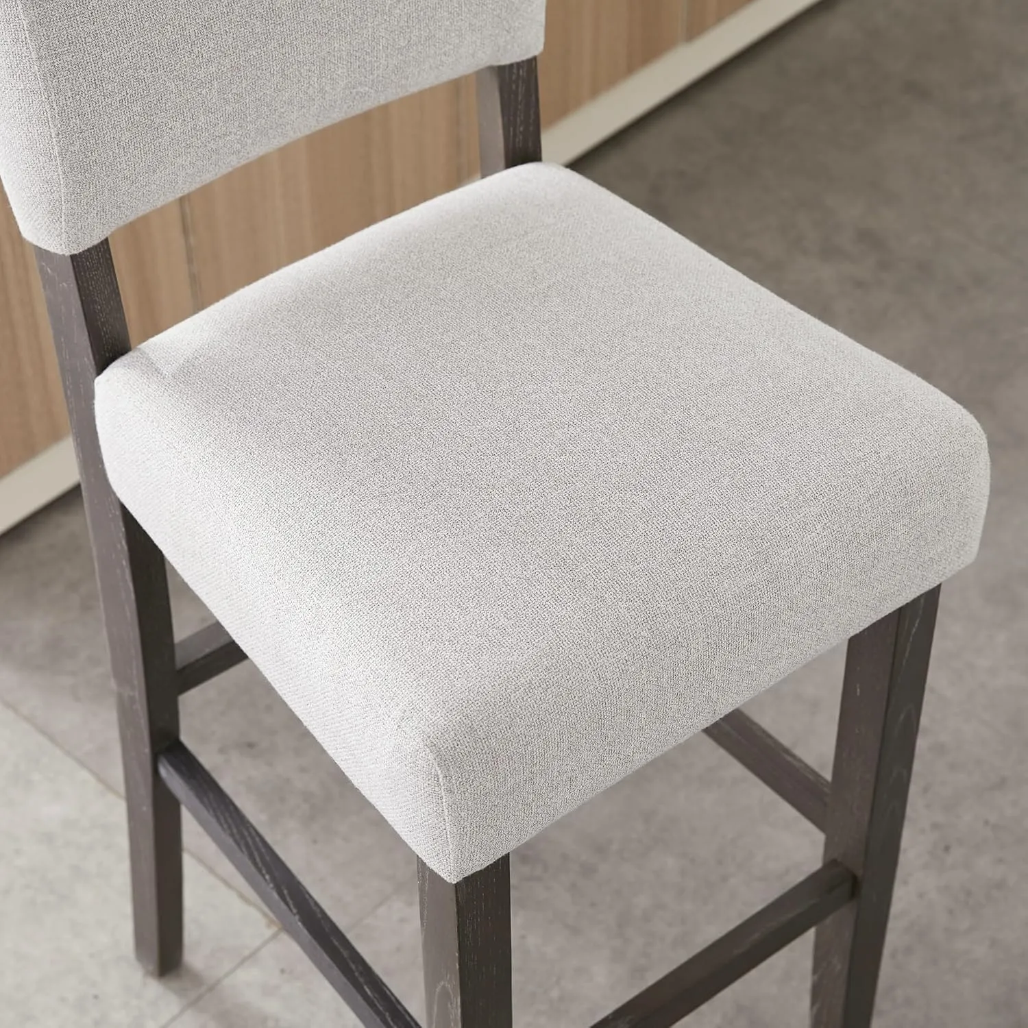 Leick Home 10087-BBHG Upholstered Back Bar Height Stool with Wood Base, Set of 2, for Elevated Kitchen Counters, High Top Tables, and Bars, Blackbean and Heather Gray