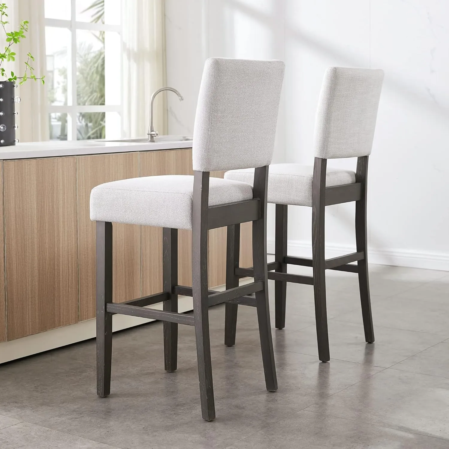 Leick Home 10087-BBHG Upholstered Back Bar Height Stool with Wood Base, Set of 2, for Elevated Kitchen Counters, High Top Tables, and Bars, Blackbean and Heather Gray