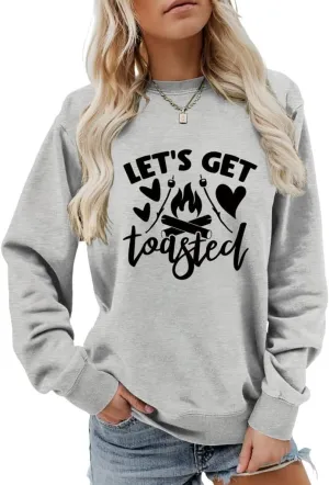Let's get toasted Sweatshirt Cute Campfire Casual Long Sleeve Shirt Women Cute Crewneck Camping Lover Pullovers Tops